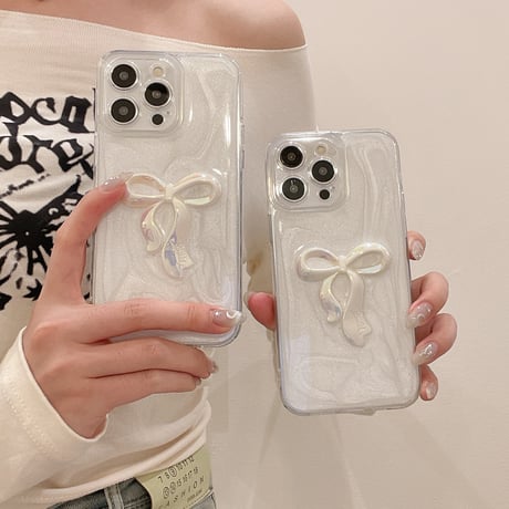 立体リボン iPhone15プロ/15カバー ホワイト アイフォン14pro/13promax/12ケース きれい 女子力アップ[M4315]