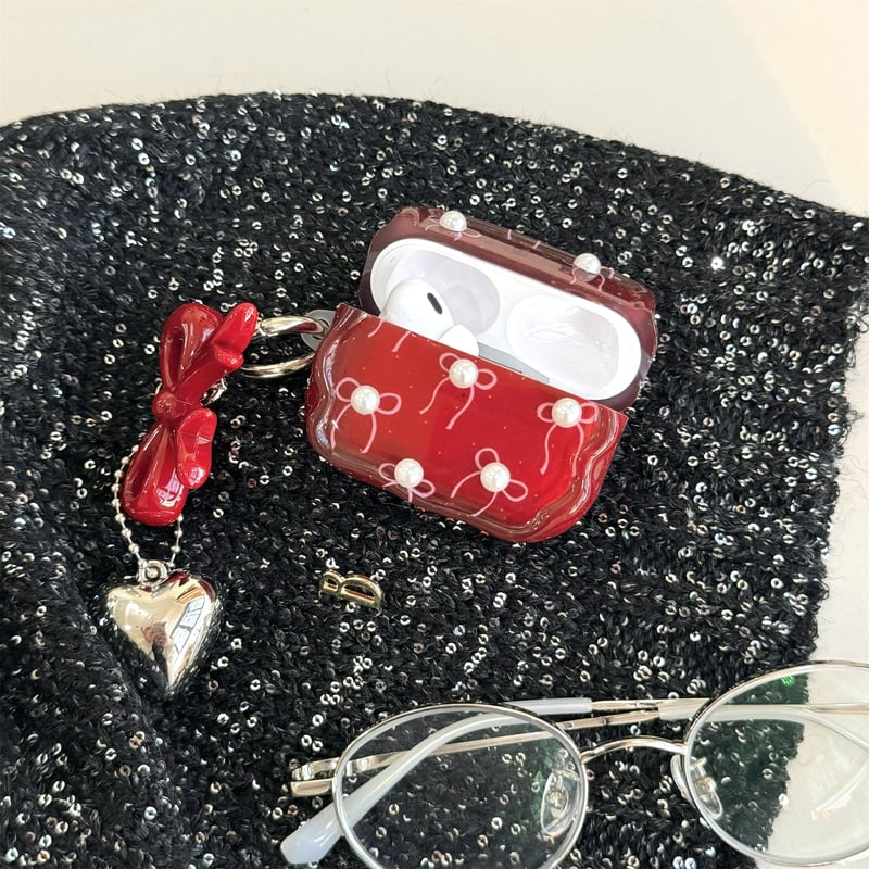 ワインレッド Airpods4ケース パールリボン Airpods3/Pro2ケース air