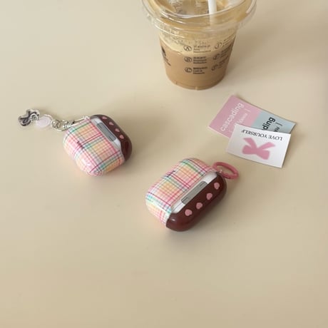 ハート柄/チェック柄 Airpods 4ケース ガーリーファッション Airpods3/2カバー Airpodspro2/pro リング/リボンキーチェーン かわいい[M4838]
