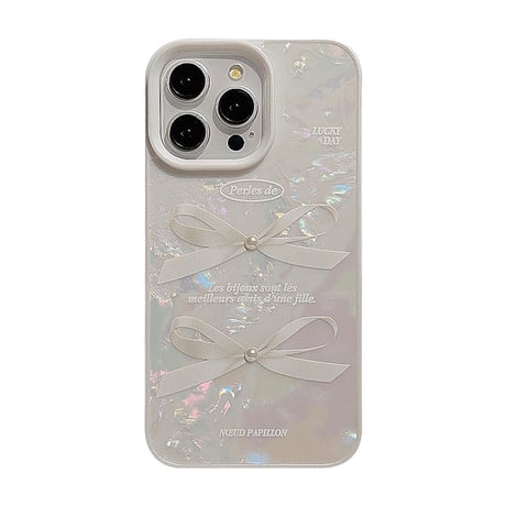 シェル風 iPhone15/15proケース リボン柄 立体パール iPhone14/13pro/12ケース かわいい きれい 女子力UP[M4003]