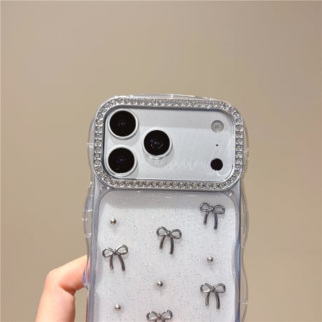 メタルリボン iPhone17/17Proケース うねうねライン ジュエリー iPhone16Pro/15/14ケース 透明 甘め [M6404]