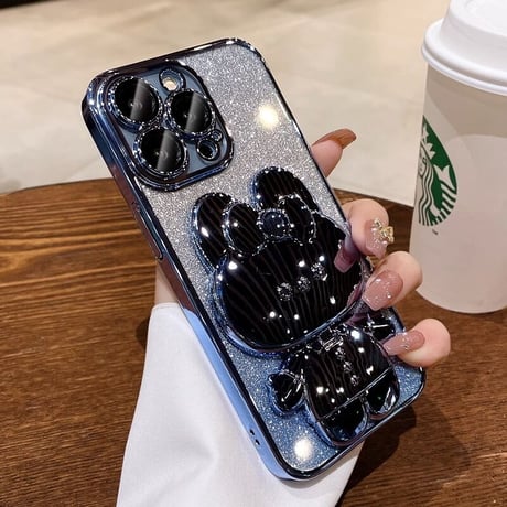 鏡付兎スタンド iPhone15/16proケース キラキラ iPhoneSE第3世代/14/13Proカバー 多機能便利 カメラ保護 [M3527]