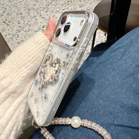 ハート型ミラー iPhone17/17Proケース ダイヤデコ iPhoneAir/17ProMaxケース ジュエリーストラップ 女子力アップ [M5716]