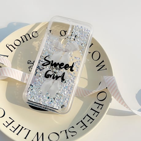 流れるダイヤモンド入り iphone14pro/13proケース リボン柄 Sweet Girl iphone12pro/11カバー クリア 綺麗 おしゃれ[M3259]