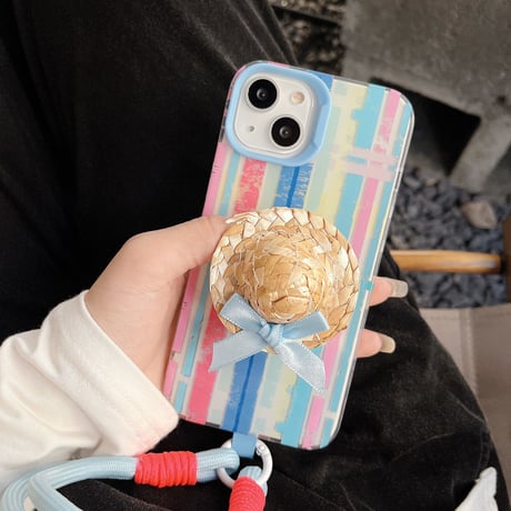 麦わら帽子  スマホグリップ リボン付き かわいい 面白い グリップトーク  スマホリング   伸び縮み式 落下防止 卓上スタンド機能 ギフトにおすすめ[M3426]