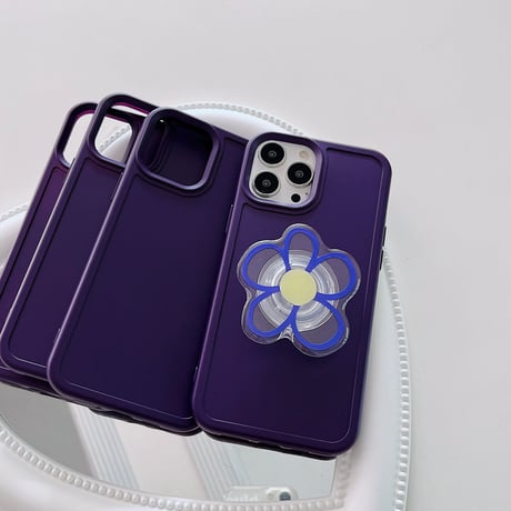 ディープパープル iphone14/14proケース 花グリップ付 アイフォン13pro/12promaxカバー  可愛い 頑丈 実用[M2329]