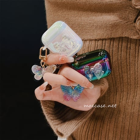リボン 蝶 AirPodsPro2ケース グラデーション カラー キラキラ  airpods3/2カバー 光る  お揃い ギフトにおすすめ[M2548]