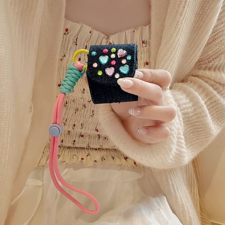 デニム AirPodsPro2ケース  DIYストーンシール付 airpods3/2ケース ストラップ付き  シック 耐久性あり ギフトにおすすめ[M3088]