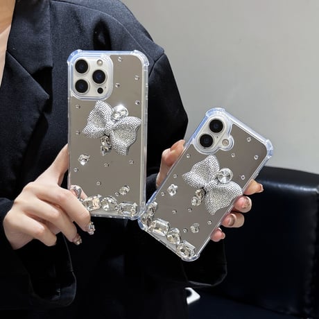 ダイヤリボン鏡 iPhone17/17Proケース キラキラ 豪華 iPhone16pro/15plus/14カバー 四角耐衝撃 [M5554]