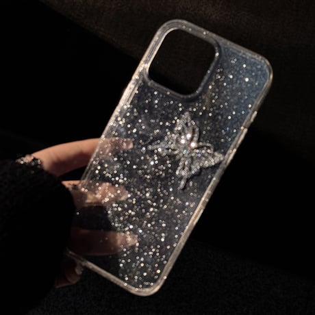 ジュエリー蝶 iPhone16pro/15promaxケース キラキララメ iPhone14/13pro/12カバー 大人可愛い 高級感[M5237]