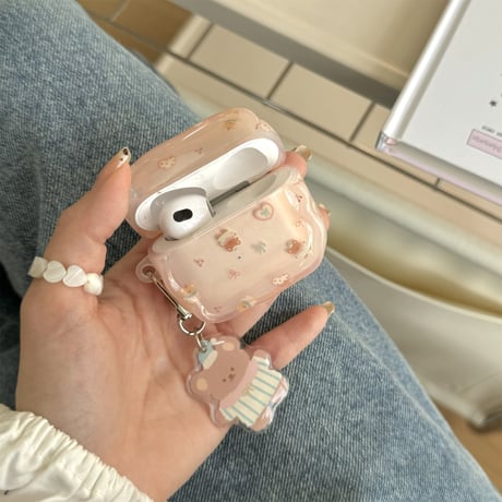 熊 Airpods 4ケース キーチェーン付 Airpods3/Pro2ケース airpodsproカバー めっちゃ可愛い うねうね[M5118]
