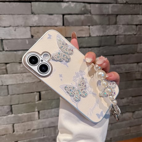 蝶々デコ iPhone16e/16proケース 高級感パールストラップ付 iPhone15promax/14/13カバー かわいい エレガント[M5316]