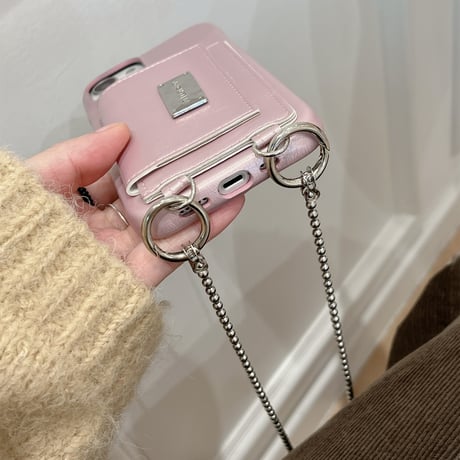 カード収納 iPhone15/15プロケース ショルダーチェーン付 ピンクiPhone14/13pro/12ケース かわいい 便利 [M4156]