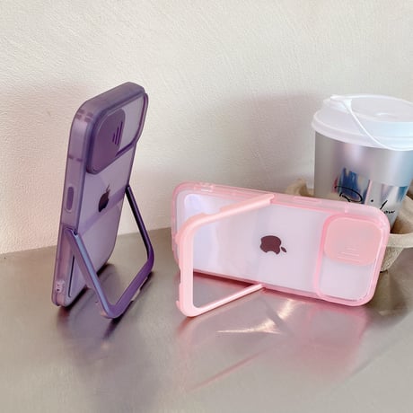 レンズカバー付 iPhone14pro/14ケース スタンド付 アイフォン13/12proカバー クリア シンプル かわいい 便利[M3127]
