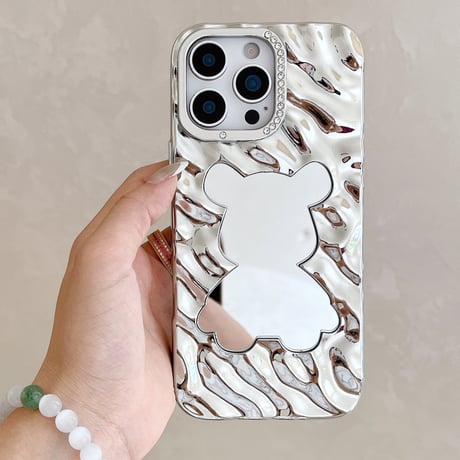 熊ミラー iPhone16pro/16カバー 艶感 iPhone15promax/14/13ケース ストーン シック おしゃれ [M5497]