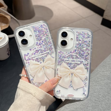 動くダイヤ iPhone16pro/17ケース リボン柄 透明iPhone15pro/14/13カバー オシャレ キラキラ 可愛い [M5557]