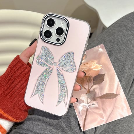 ラメリボン iPhone16pro/16ケース キラキラ ピンク iPhone15pro/14/13promaxケース おしゃれ 女子力UP [M5057]
