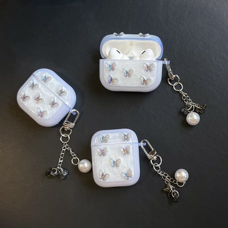 きれい Airpods4ケース 蝶々デコ AirpodsPro2ケース エアーポッズ3/2 キラキラ かわいい キーホルダー付[M5635]