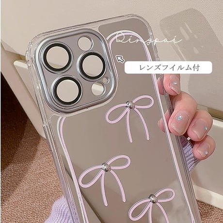鏡付 リボン iPhone15/15proケース 女子力アップ iPhone14promax/13pro/12ケース パープルカラー 可愛い[M4287]