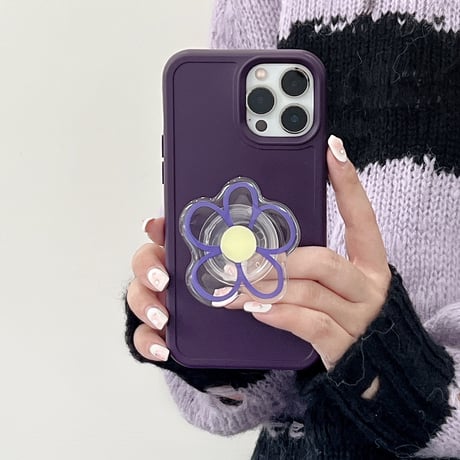 ディープパープル iphone14/14proケース 花グリップ付 アイフォン13pro/12promaxカバー  可愛い 頑丈 実用[M2329]