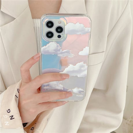 透明雲柄 iphone12/11ケース  キラキラ空柄 アイフォンSE2/XS/8カバー ツヤ感 オーロラ光るインスタ映え可愛いM423
