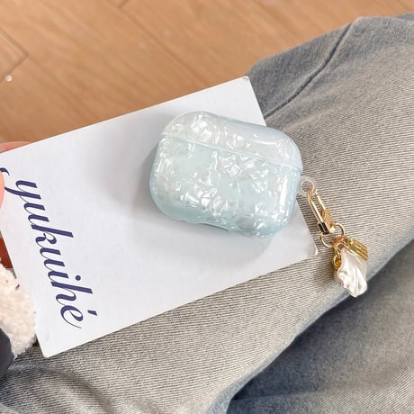 シェル柄 Airpods第四世代ケース 水色 貝殻キーホルダー Airpodspro2/proカバー Airpods第3/2世代 かわいい 女子力高い[M5086]