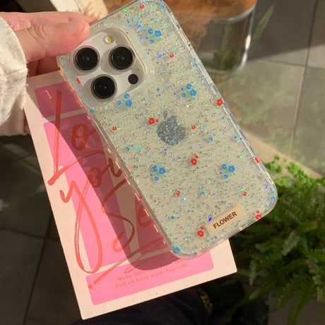 キラキラ花柄 iphone16/16proカバー  ラメ入り おしゃれ iphone15/14pro/13ケース 女子力アップ 可愛すぎる[M4955]