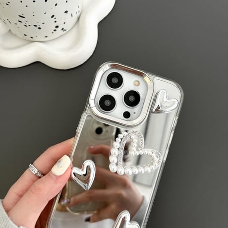 ストラップ付 ミラーiPhone15pro/15promaxケース ハートデコ iphone14/13/12proカバー パール 女子力アップ[M4167]