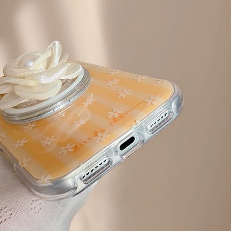 マグネット花グリップ iPhone17Pro/17ケース MagSafe対応 iPhone17ProMax/16/15Proカバー 韓国っぽい エレガント イエロー  [M5850]