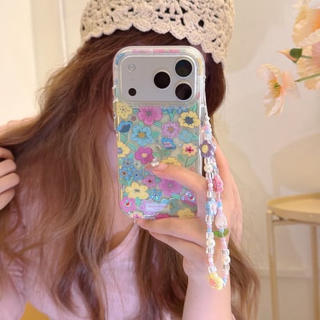 カラー花 iPhone17pro/17ケース キラキラ感 iPhone16promax/15proケース 花ストラップ 女子力高い[M6214]