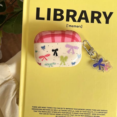 リボン Airpods 4ケース チェック柄 Airpods3/Pro2ケース airpodsproカバー リボンキーホルダー/リング付 [M5101]