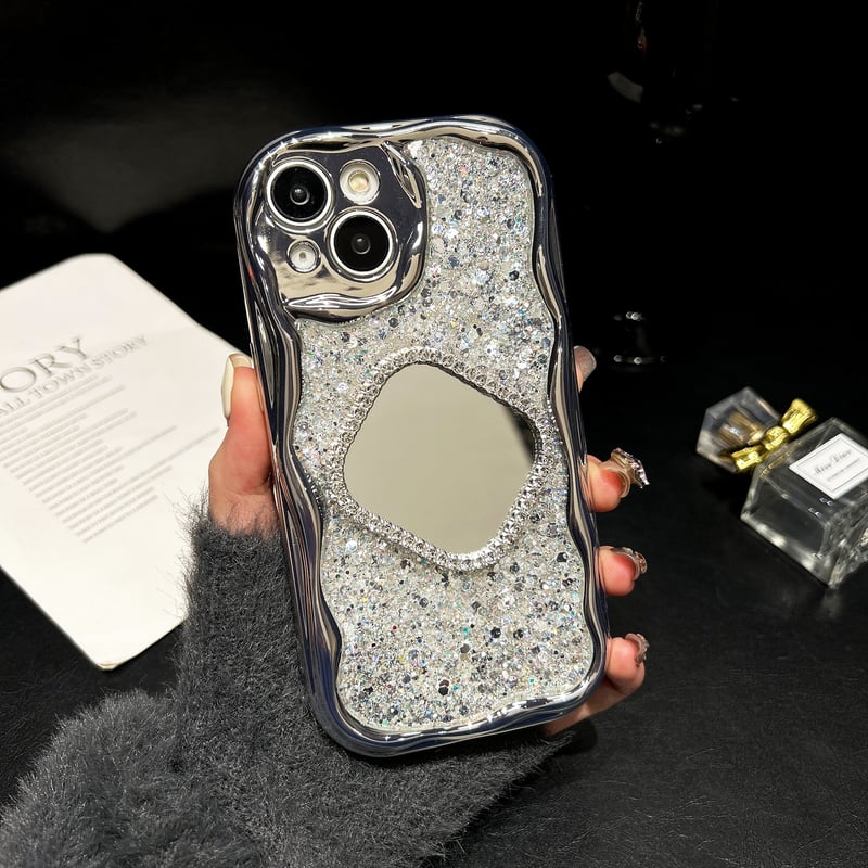 うねうね 鏡付 iPhone15/15Proケース キラキラグリッター iPhone14/13