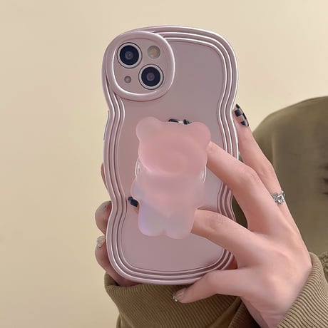 熊さんグリップ iphone14/14proケース  ローズゴールド色 iphone13/12/11カバー 波紋枠 落下防止 滑りにくい[M2566]