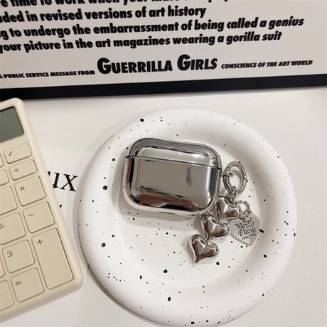 ハートチャーム Airpods 4ケース ショルダーチェーン  Airpodspro2/proカバー Airpods3/2 つや感シルバー オシャレ[M4754]