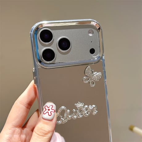 Queen ミラー iPhone17Pro/17ケース ジュエリー蝶デコ iPhone17ProMax/16Pro/15カバー オシャレ メイク直しに便利  [M5826]