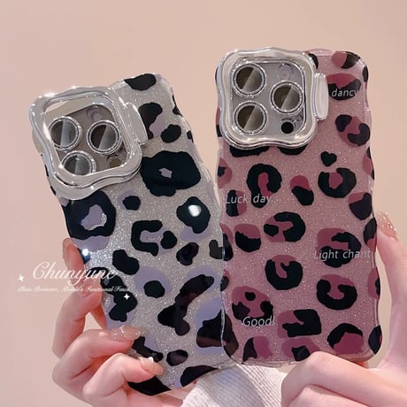 スタンド付ヒョウ柄 iPhone16/16proケース キラキラうねうね iphone15promax/14/13カバー おしゃれ 大人可愛い[M4940]