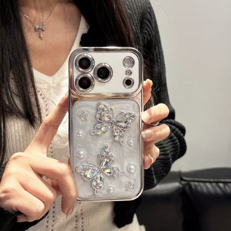 ダイヤ蝶 iPhone17Pro/17ケース パール iPhone16/15Pro/14ケース 豪華 オシャレ キラキラ感 [M6294]