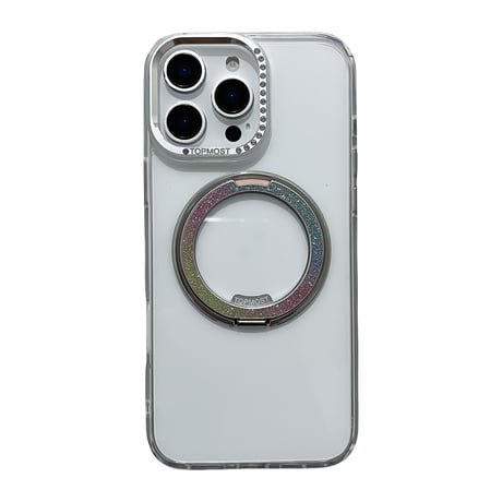 高級感 iPhone16pro/16ケース ラメ入り虹色リングスタンド iPhone15promax/14proカバー ジュエリーデコ 高透明高品質 [M5275]