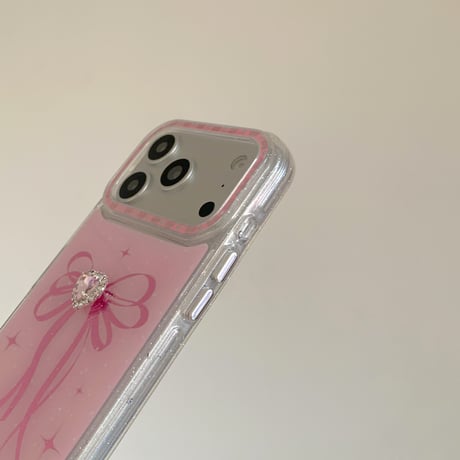 ピンクハートダイヤ iPhone17Pro/17ケース リボン柄 iPhone17Promax/16Pro/15ケース キラキラ かわいい[M6141]
