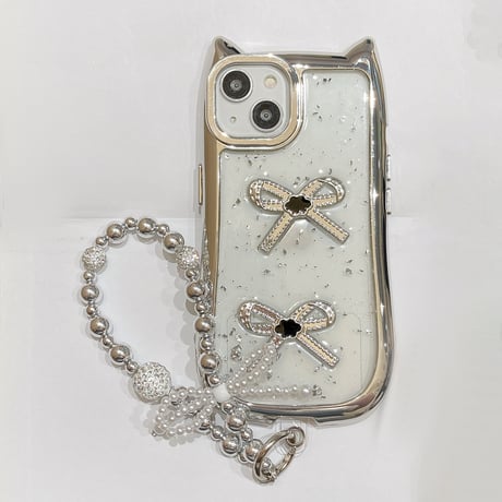 耳付 立体リボン iPhone15pro/15カバー 可愛いストラップ付 iPhone14/13pro/12ケース キラキラ 女子力UP[M4374]