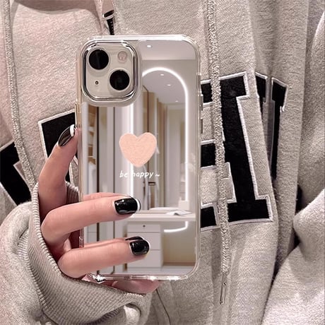インスタ人気 鏡iPhone16pro/16plusケース be happyピンクハート柄 iPhone15promax/14/SEカバー 頑丈 メイク直しに便利[M5452]