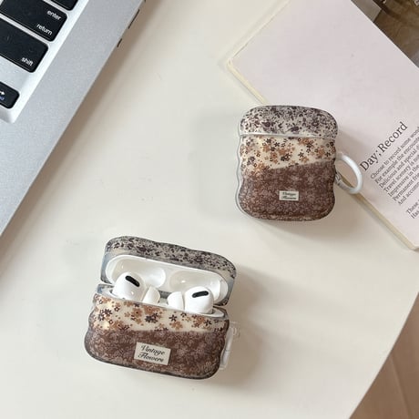 韓国っぽ 草花柄 AirPodsPro3ケース 上品 うねうねライン Airpods4/3ケース  AirpodsPro2/Pro1カバー  リング付 可愛い[M5958]