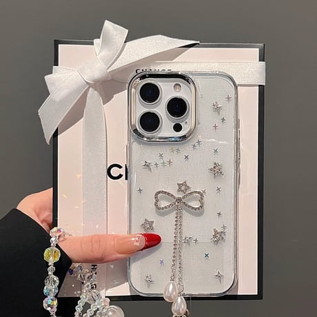 ジュエリーリボンフリンジ iPhone16pro/16ケース ラメ入り クリア iPhone14/13pro/12カバー 大人可愛い 人気アイテム[M5233]
