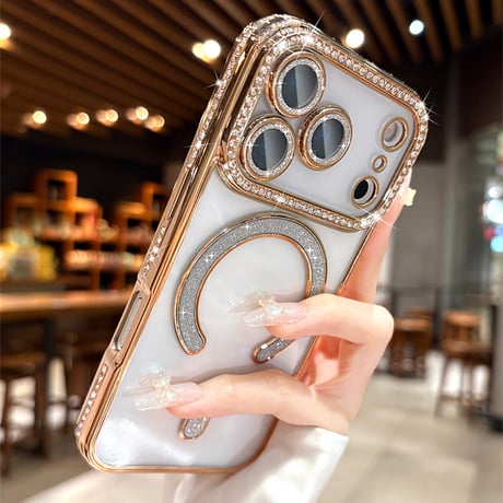 ジュエリー iPhone17Pro/17ケース Magsafe対応 iPhone17Air/17ProMaxケース レンズ保護フィルム付 キラキラライン 大人気 [M5637]