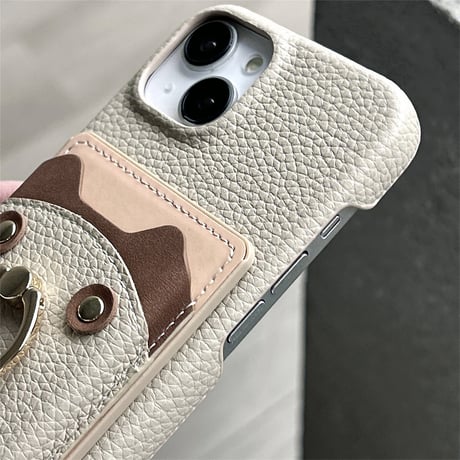 リングカード入れ付 iPhone16/16Proケース 熊 レザー アイフォン15pro/13mini/12/14カバー レザー 高品質 超便利[M4639]