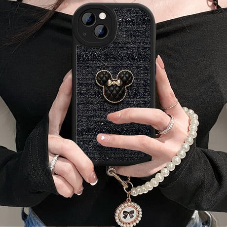 オシャレ iPhone14/14proケース  リボン 真珠ストラップ付アイフォン13/12/11proケース セレブ愛用 ツイード生地 実用 可愛い [M2408]