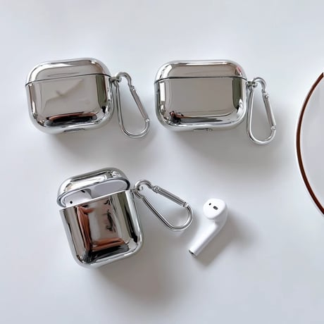 メッキ Airpods 4ケース 光沢感 カラビナ付 Airpods3/2カバー AirpodsPro2/Pro1  シルバー 高級感[M4802]