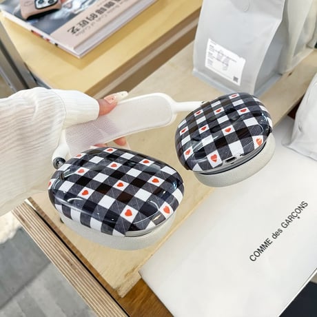 韓国風 AirPodsMaxケース チェック柄/ハート柄 かわいい エアーポッズ マックス専用カバー 女子力高い 質感いい[M4845]