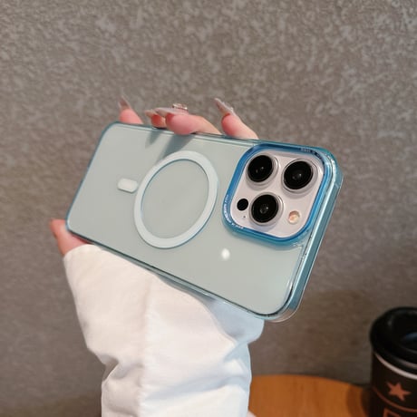 ブルー iPhone15pro/15promaxケース  ガラス 高透明 iphone14promax/13proカバー MagSafe対応 丈夫 シンプル高級感[M3985]