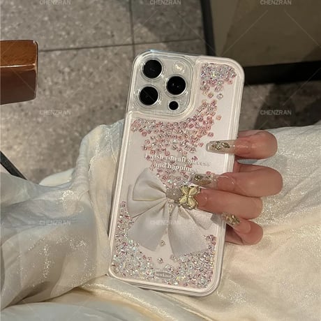 動くダイヤ入り iphone17Pro/17ケース  リボン柄 アイフォン16/15promax/14/13/12/11カバー  女子力高い ギフトにおすすめ[M5772]